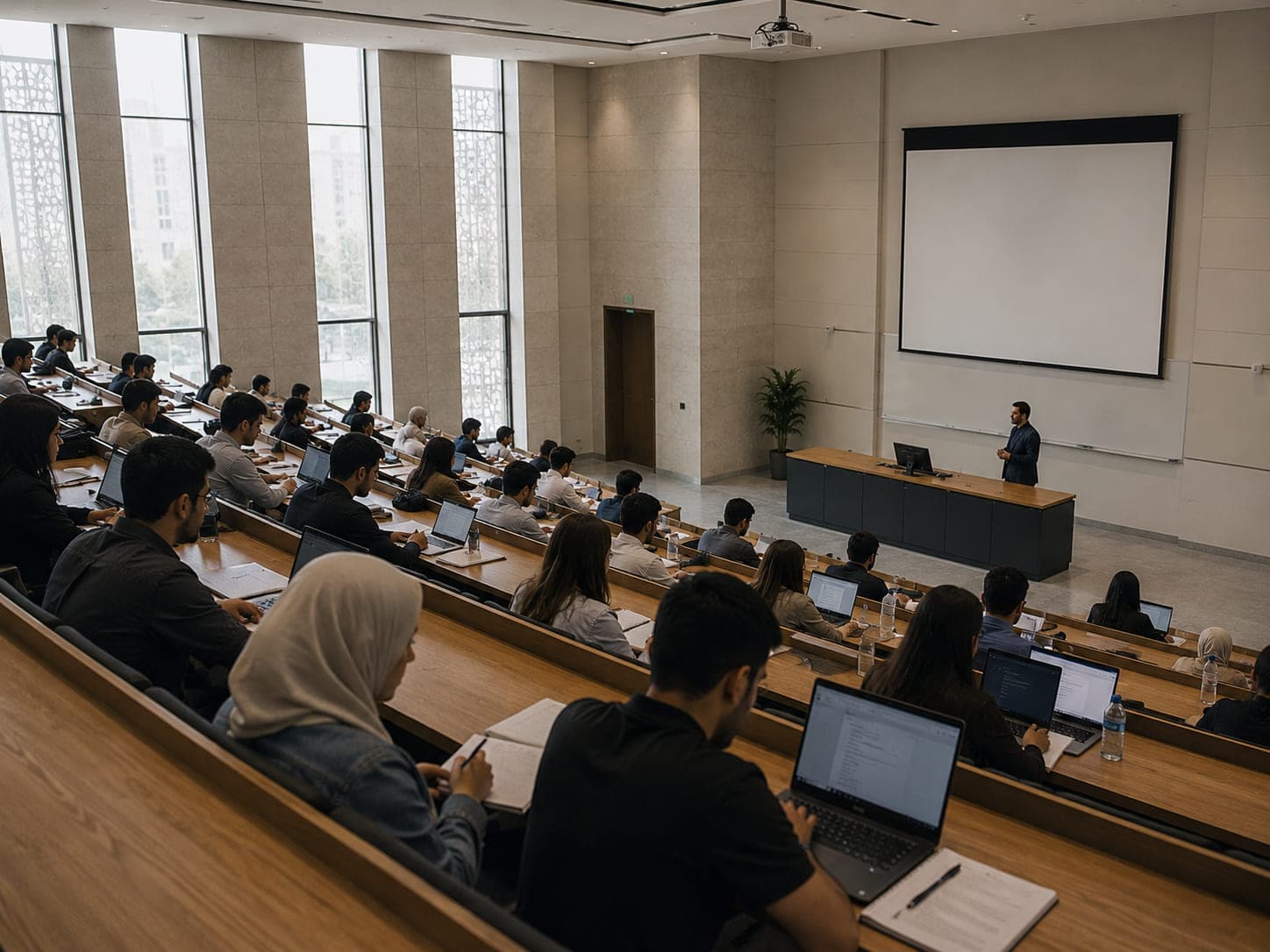 قاعة محاضرات جامعية وفيها طلبة
